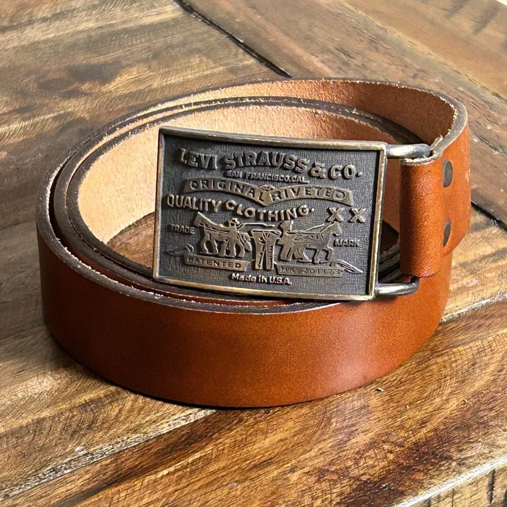 Vintage Levi‎ Strauss Leather Belt w/ Horse Buckle – USA Made, Size 48